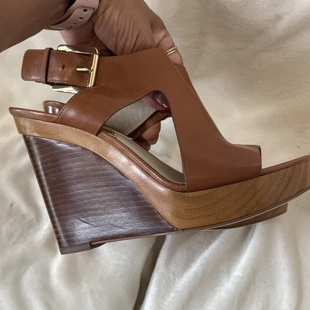 Michael Michael Kors Josephine Wedge Sandals Brown, Platform Woodblock Heel Sz 7